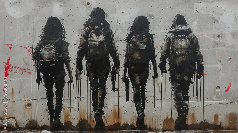 Poster a painting of three people with backpacks standing in front of a wall with a spray painted image of 