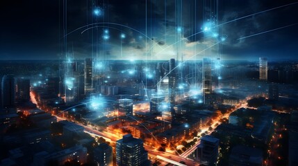Tech Futuristic City Night with Connected Lines and Digital Infrastructure