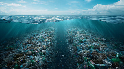 dispersione della plastica nell'oceano, rifiuti di plastica e impatto sugli ecosistemi marini - obrazy, fototapety, plakaty