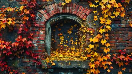 Obraz premium Autumn Elegance at an Old Garden: Colorful Leaves and Vines Overgrown on a Vintage Wall, Entrance to a Mystical Past