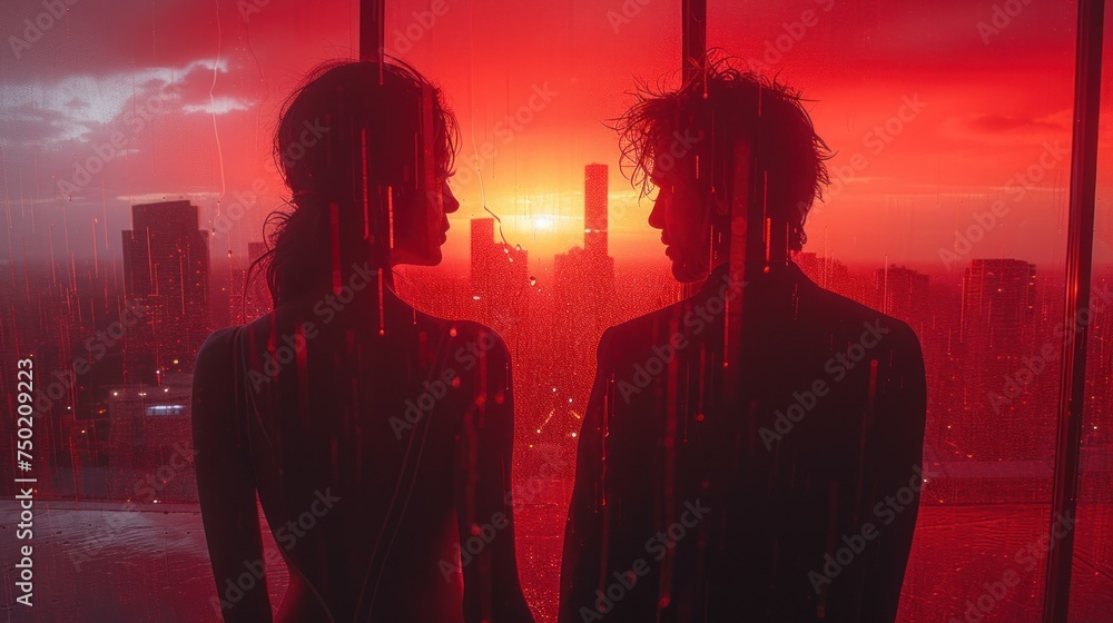 Poster a couple of people standing next to each other in front of a window with a view of a city and the su