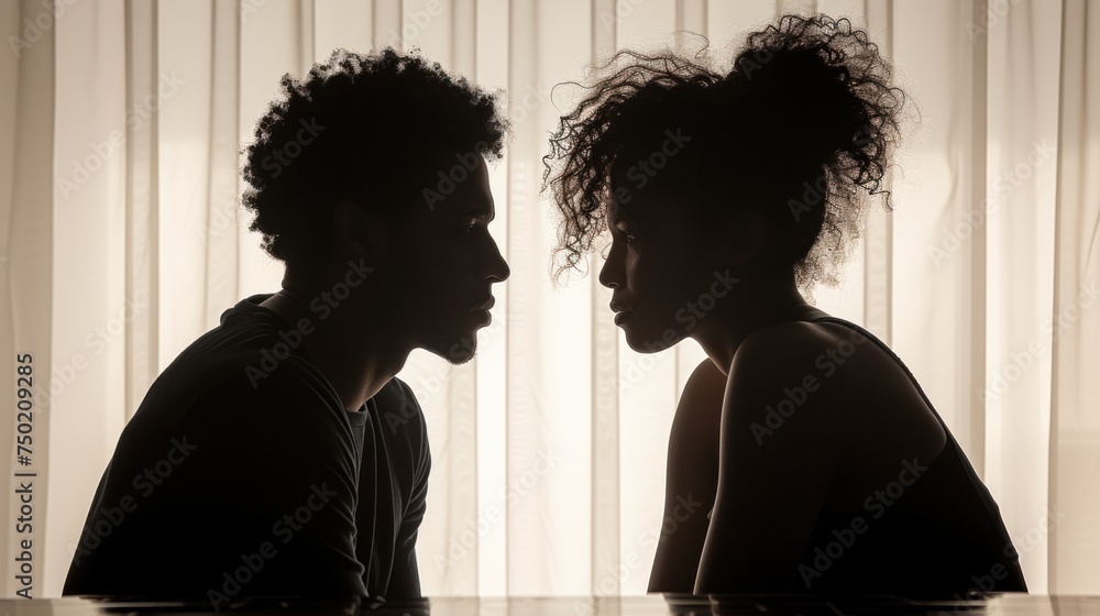 Poster two silhouettes of a man and a woman facing each other in front of a window with drapes on the side 