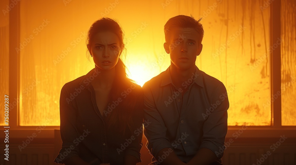 Poster  a man and a woman sitting next to each other in front of a window with the sun shining through the window and behind them is a curtained window with curtains.