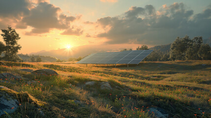 A solar farm in a green landscape, with wind turbines in the background.