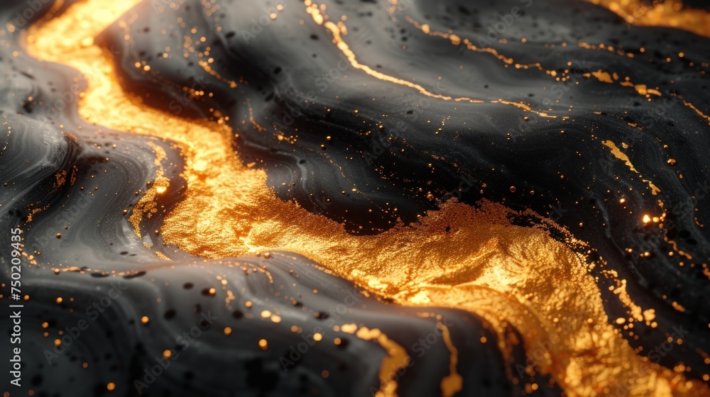 Poster a close up view of a black and gold surface with gold flecks on the edges of the surface and on the 