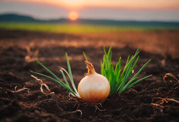 Onion Plant Emerging From Soil. An onion plant is seen sprouting out of the ground, showcasing the natural growth process of a vegetable in a garden or farm setting.