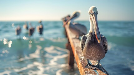 Fototapeta na wymiar Pelicans Perched on Pier at the Ocean