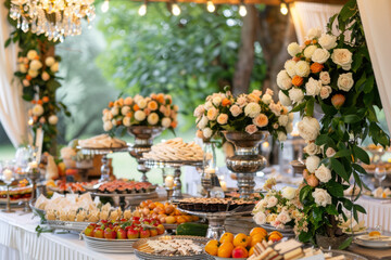 Fototapeta na wymiar Catering buffet table with a delicious food on wedding. Generative AI