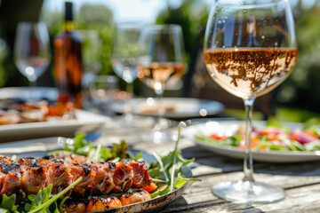 Grilled BBQ meat, salads and wine. Outdoor home party. Generative AI