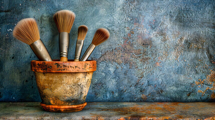 Artistic Paintbrushes on Wooden Background: Tools of Creativity and Craftsmanship, Symbolizing Painters Workshop