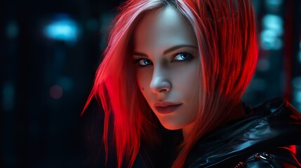 Fototapeta premium red-haired woman in black leather jacket