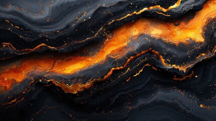  a close up of a black and orange surface with a lot of orange and yellow streaks on it and a black background with white dots on the top of the bottom of the image. - obrazy, fototapety, plakaty