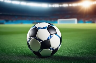 Obraz premium Soccer ball rests on grass of green field in front of majestic lit up, creating exciting atmosphere stadium. Scene captures essence of game, ready for action, excitement. Advertising, banner, print.