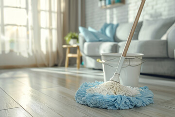 Simple mop placed on a laminate floor with bucket of water on background. Generative AI