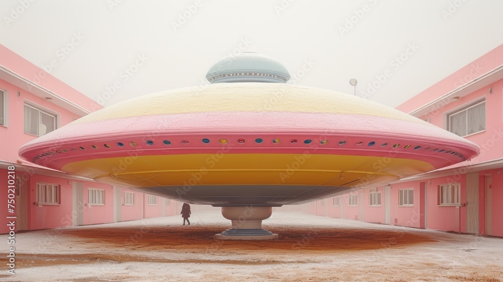 Aufkleber a person standing in front of a pink building with a giant object in the middle of it's floor and a 