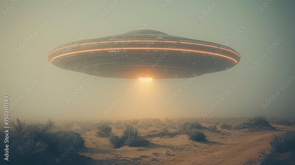 Poster a large flying object in the middle of a desert with a bright light coming out of it's center surrou