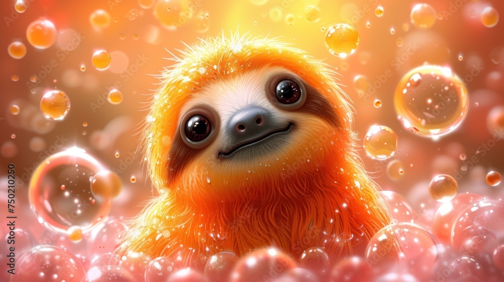 Poster a close up of a sloth in bubbles with bubbles in the background and a blurry image of a sloth in the