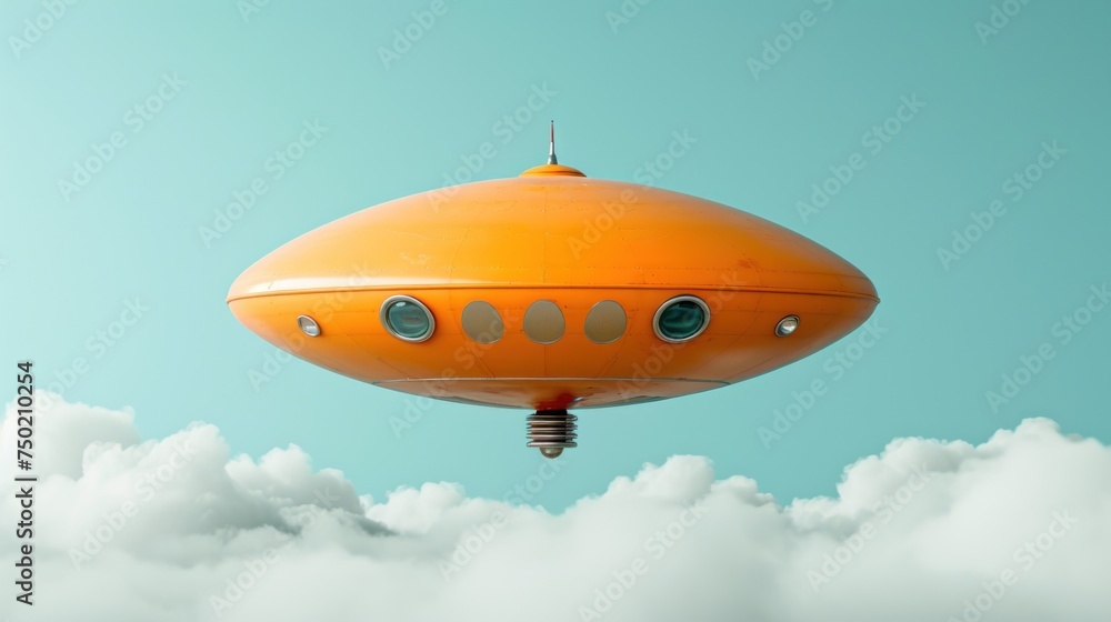 Poster a large orange object flying through a blue sky with white clouds in front of a light blue sky with 