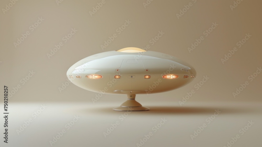 Poster a white object sitting on top of a table next to a brown wall and a light on the top of the table an