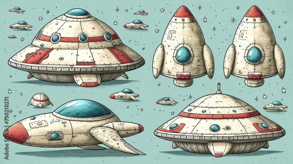 Poster a drawing of a bunch of spaceships that are flying in the sky with a lot of stars on the side of the