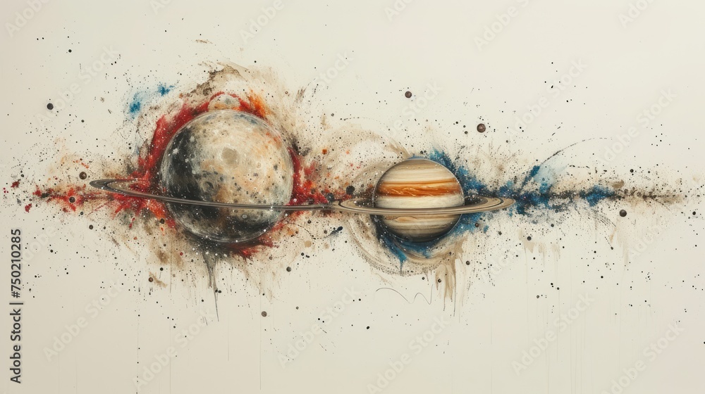 Poster a painting of a saturn and its rings with paint splatters all over the bottom of the image and on th
