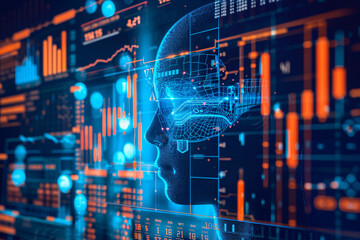 Fototapeta premium KI-gesteuerter Roboter im Close-up mit rot-blau leuchtenden Kursverläufen und Daten – Symbol für künstliche Intelligenz im Finanz- und Datenhandel