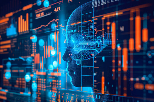 KI-gesteuerter Roboter im Close-up mit rot-blau leuchtenden Kursverl&auml;ufen und Daten &ndash; Symbol f&uuml;r k&uuml;nstliche Intelligenz im Finanz- und Datenhandel