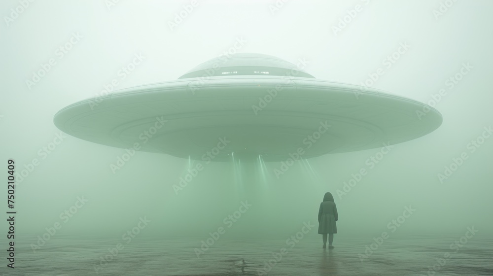 Poster a person standing in front of a large object in the middle of a foggy area with a person standing in