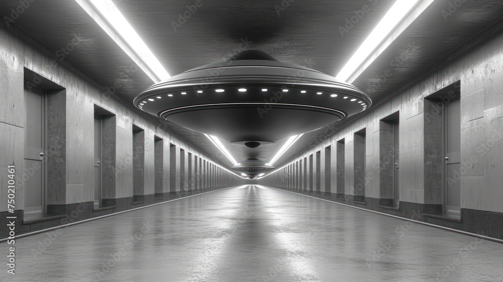 Poster a black and white photo of a long hallway with a light at the end of the tunnel and a circular light