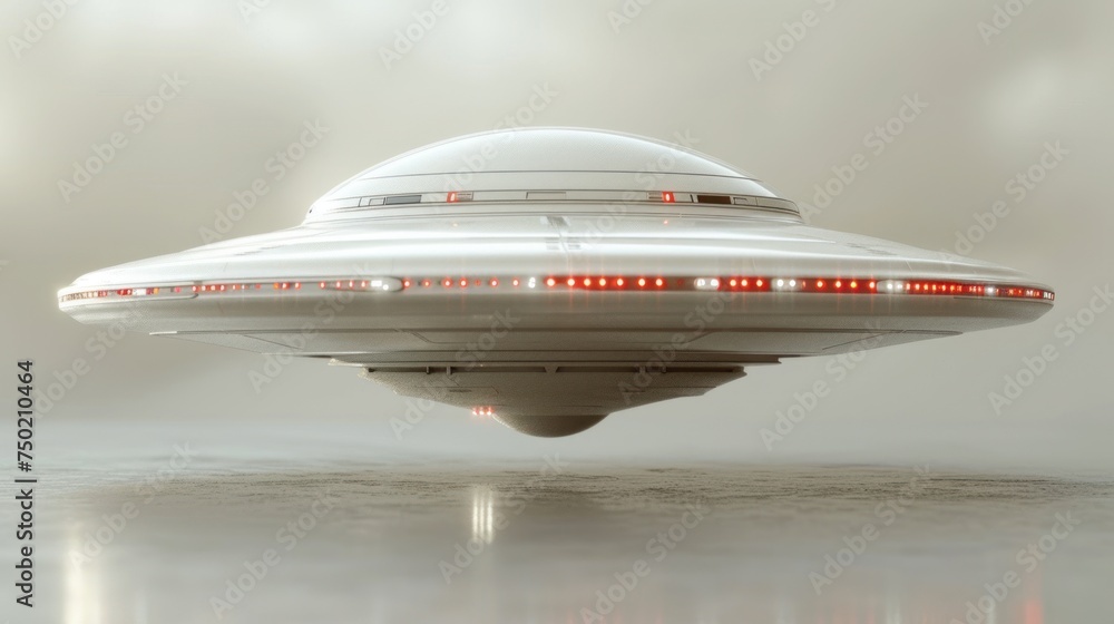 Poster a large white object floating on top of a body of water in the middle of a foggy sky with a red ligh
