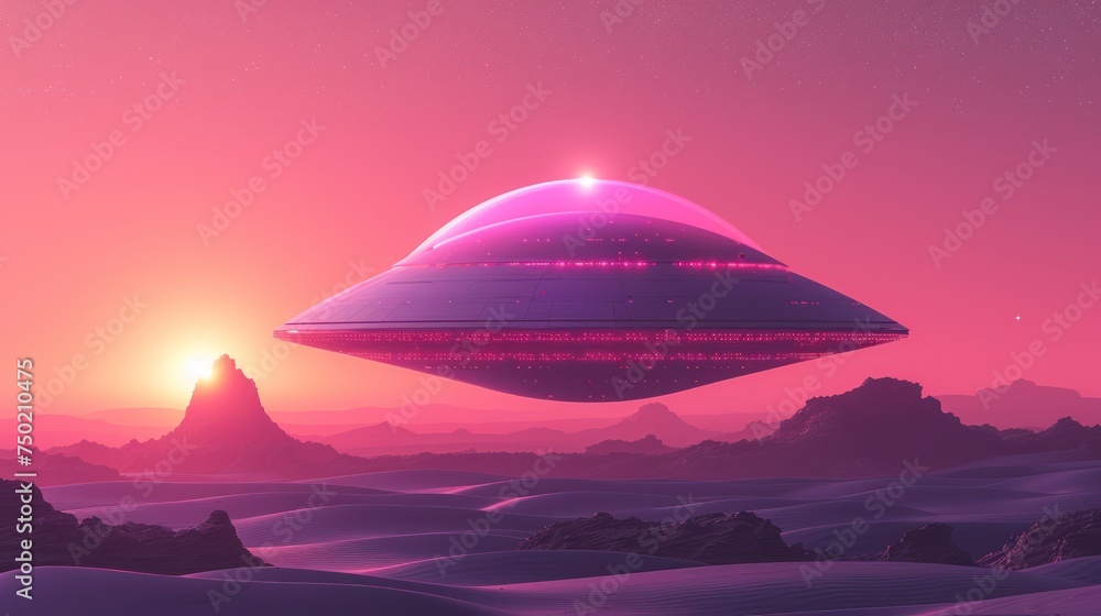 Poster a computer generated image of an alien ship flying in the sky over a desert landscape with a mountai