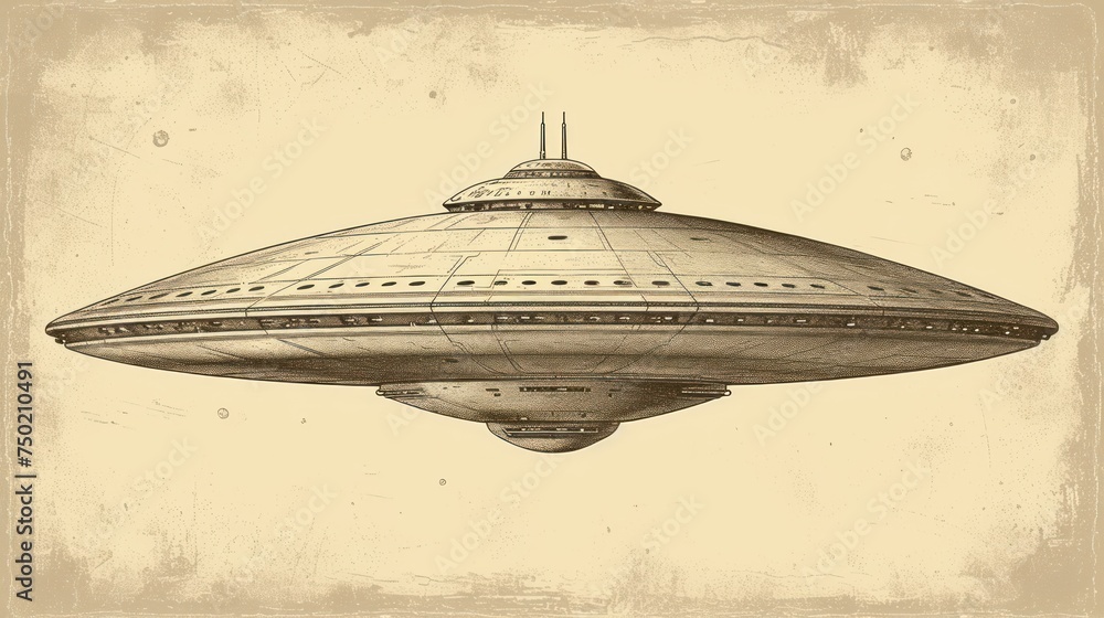 Aufkleber a drawing of a flying saucer in sepia with a sepia tint effect to the bottom of the image and the bo