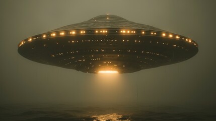  a large flying object in the middle of the ocean with a bright light coming out of it's center surrounded by fog and light from the top of the water.