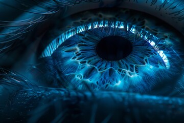 Close-up of a detailed blue eye with intricate patterns and reflections, symbolizing vision, perception, and the human sense. Concept of sight, beauty, and complexity.
