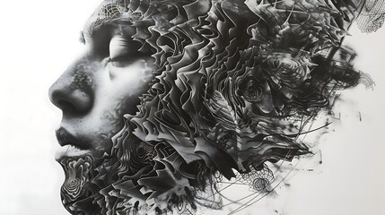 pencil drawing of a face transitioning into patterns - obrazy, fototapety, plakaty