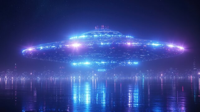  a picture of an alien ship floating in the air over a body of water at night with lights reflecting off the surface of the water and a city in the distance.