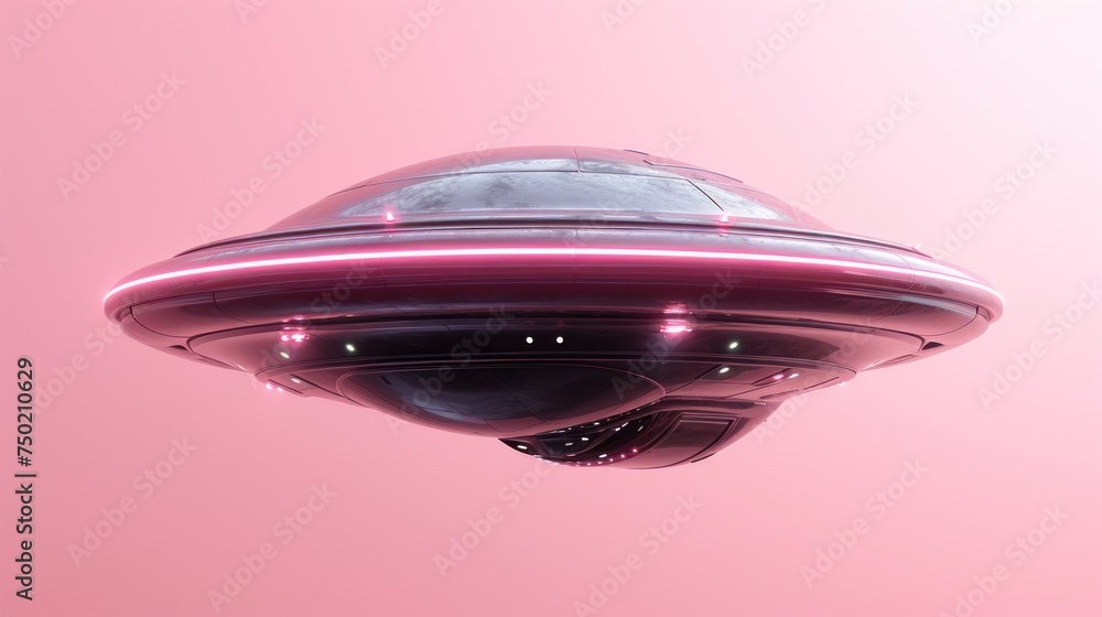 Poster an alien ship floating in the air with a pink sky in the background of the ship is a black object wi