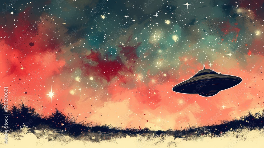 Aufkleber a painting of a space ship flying in the sky over a field of grass and trees in front of a red and b