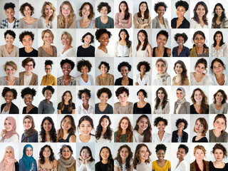 composite portrait of different women headshots, including all ethnic, racial, and geographic types of women in the world on white background	

