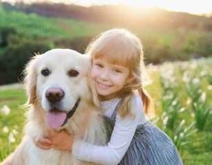 Young child bonding with pet dog golden retriever, friendship between a dog and a child