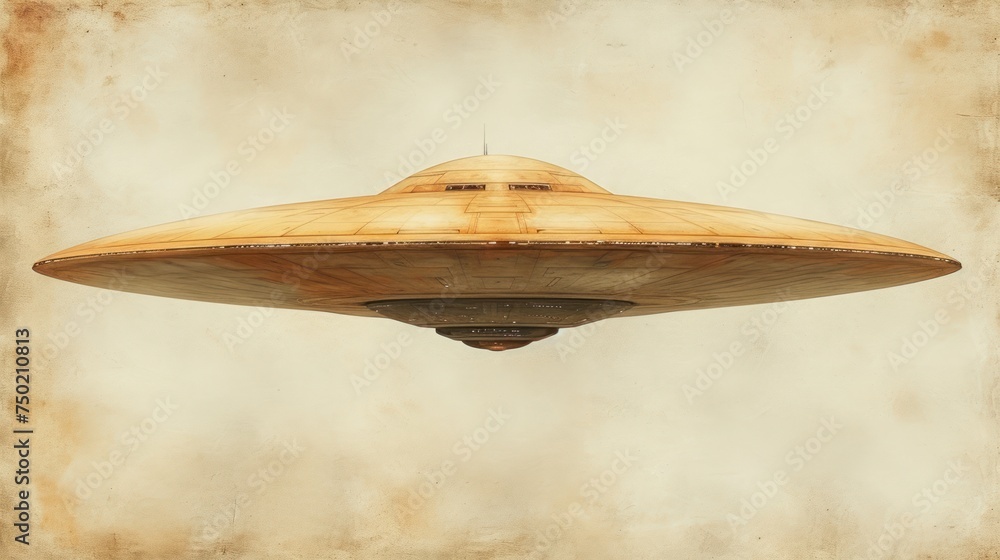 Poster  an old photo of a flying saucer on a grungy background with a sepia effect to the bottom of the image and bottom half of the image to the bottom of the image.