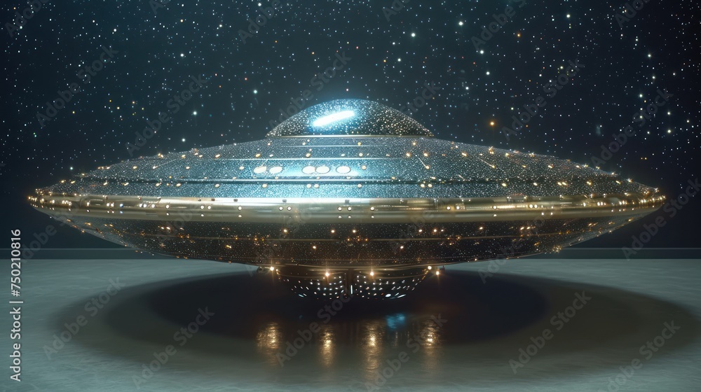 Poster a very large metallic object in the middle of a room with a lot of stars on the ceiling and a lot of