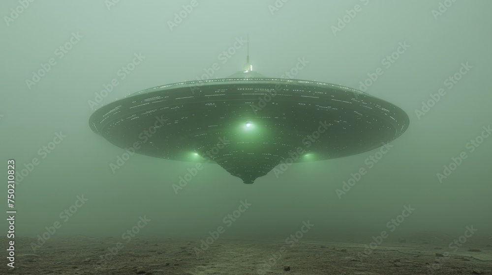Aufkleber a large green object floating in the air on top of a foggy ground with a light on top of it and two 