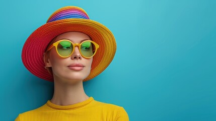  a mannequin wearing a hat, sunglasses and a yellow sweater against a blue background wearing a yellow shirt and a red and orange hat with green tinted glasses.