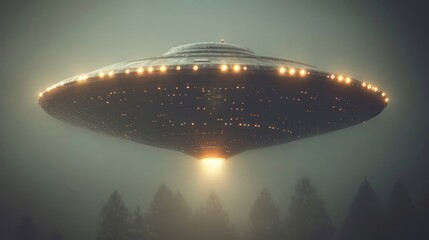  a large alien ship flying through a foggy sky with a bright light on it's side and trees in the foreground and a foggy sky behind it.
