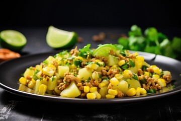 A vibrant plate of zesty chayote and corn adorned with seasoned meat, perfect for a flavorful meal. Zesty Chayote and Corn Plate with Seasoned Meat