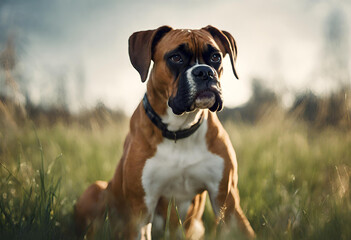Cachorro da raça Boxer sentado no campo. - obrazy, fototapety, plakaty