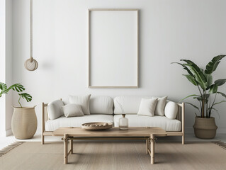 White frame mockup in home interior background. White Blank Poster With Frame Mockup On Grey Wall Mockup. Frame mockup in living room. Wall art framed canvas poster mockup.  Blank mockup for artwork. 