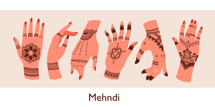 Female hands with mehendi patterns set. Mehndi tattoo and body art for girls palm with henna, traditional bridal ceremony drawing, fashion and beauty makeup for women cartoon vector illustration