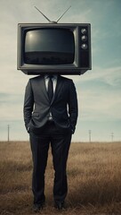 Man with TV instead of a head. Mass media control concept. Campaigns and brain washing idea. Copy space.
